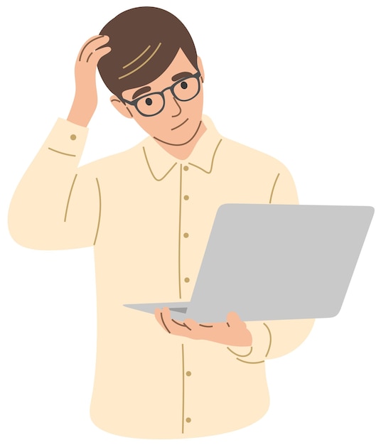 A puzzled boy with a laptop in his handsv
