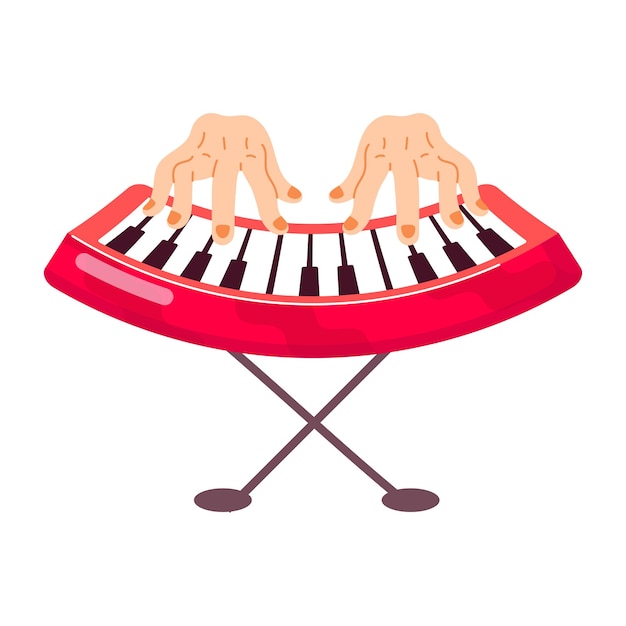 a red keyboard with hands on the keys that say  hands