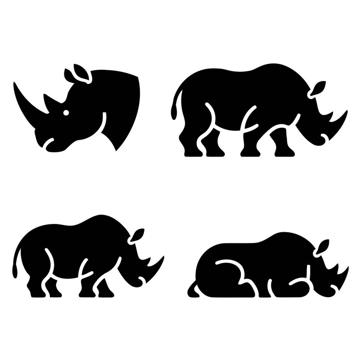 a rhinoceros and rhino are shown in black and white