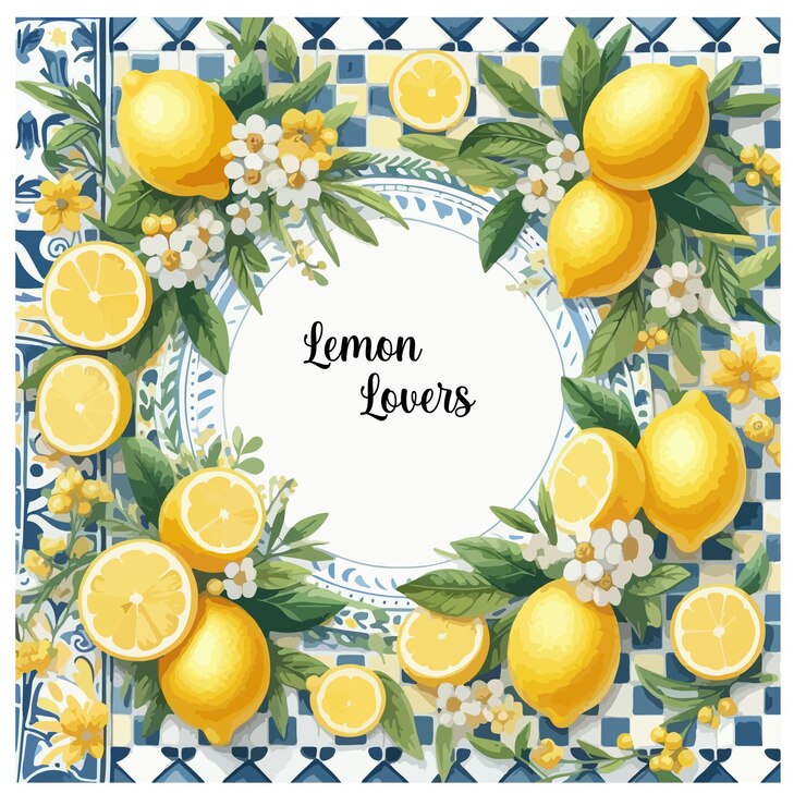 a round frame with a picture of lemons and flowers