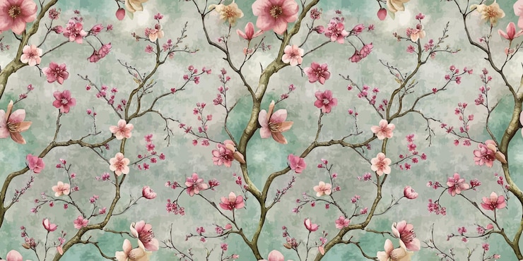 A serene floral pattern featuring delicate pink blossoms against a soft mint background