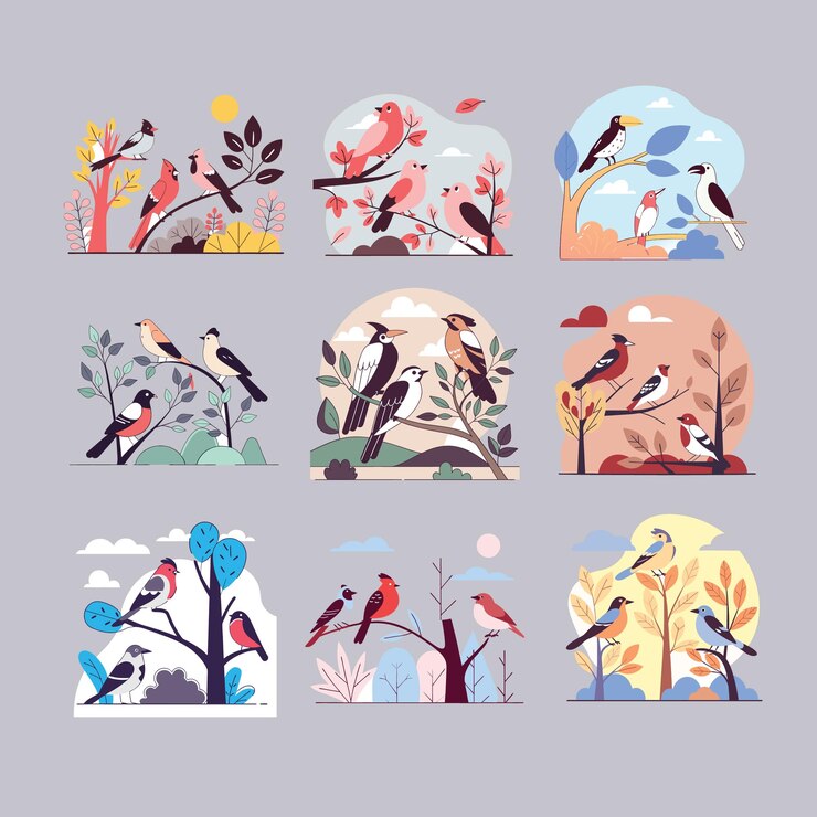 Vector a series of images including birds trees and birds