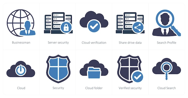 A set of 10 big data icons as businessman server security cloud verification