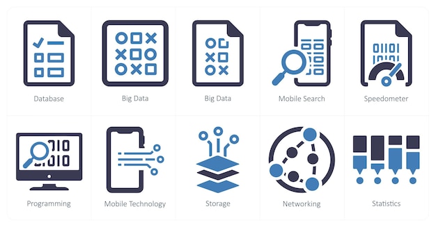 A set of 10 Big Data icons as database big data mobile search