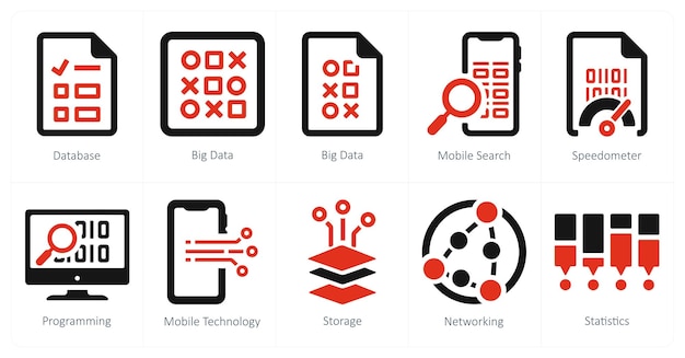 A set of 10 Big Data icons as database big data mobile search