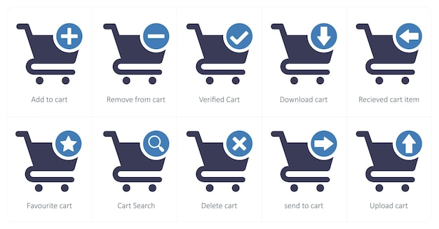 A set of 10 cart icons as add to cart remove from cart verified cart