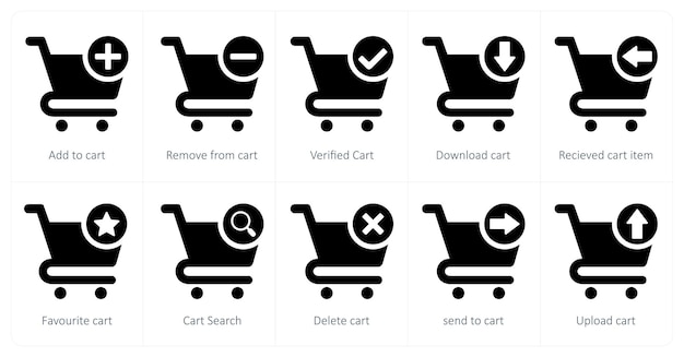 A set of 10 cart icons as add to cart remove from cart verified cart