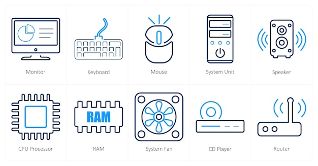 a set of 10 computer parts icons as monitor keyboard mouse