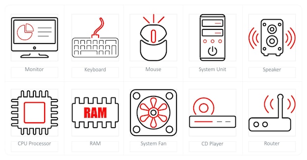 a set of 10 computer parts icons as monitor keyboard mouse