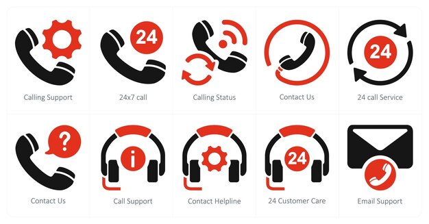A set of 10 Customer Support icons as calling support 24x7 call calling status