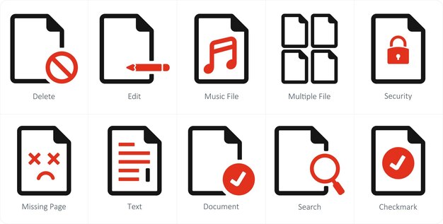 A set of 10 File icons as delete edit music file