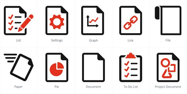 a set of 10 file icons as list settings graph
