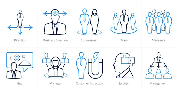 A set of 10 Leadership icons as direction business direction businessman