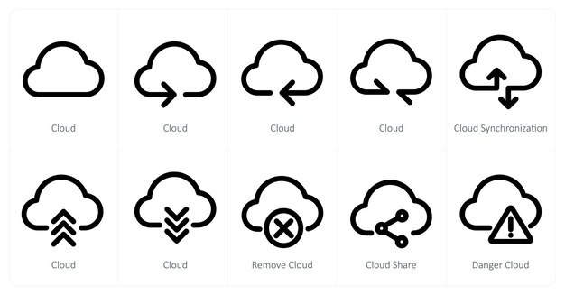 A set of 10 micro icons as cloud cloud synchronization remove cloud
