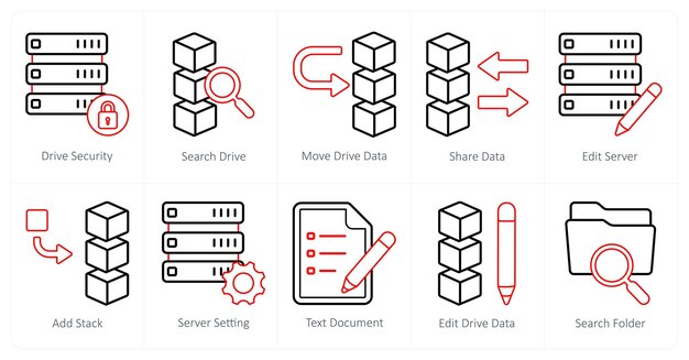 A set of 10 mix icons as drive security search drive move drive data