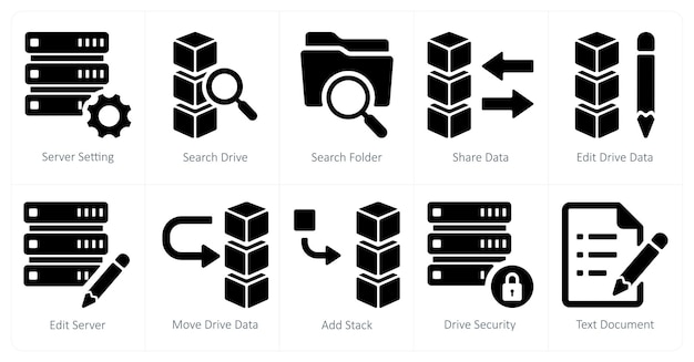 A set of 10 mix icons as server setting search drive search folder