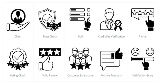 a set of 10 survey icons as client trust check poll