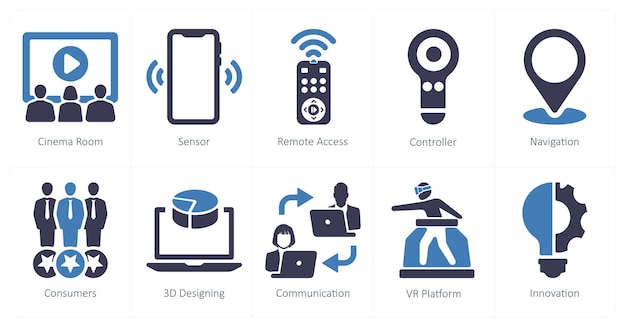 A set of 10 Virtual Reality icons as cinema room sensor remote access