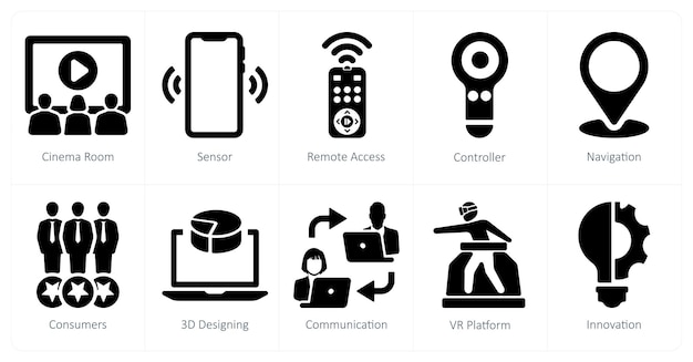 A set of 10 Virtual Reality icons as cinema room sensor remote access