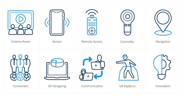 A set of 10 Virtual Reality icons as cinema room sensor remote access
