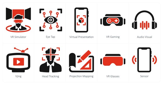 A set of 10 Virtual Reality icons as vr simulator eye tap virtual presentation