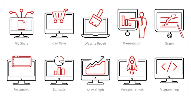 A set of 10 web marketing icons as file share cart page website repair