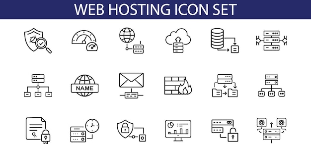 A set of 18 line icons representing various aspects of web hosting including security speed uptim
