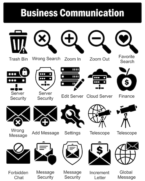a set of 20 business icons as trash bin wrong search zoom in