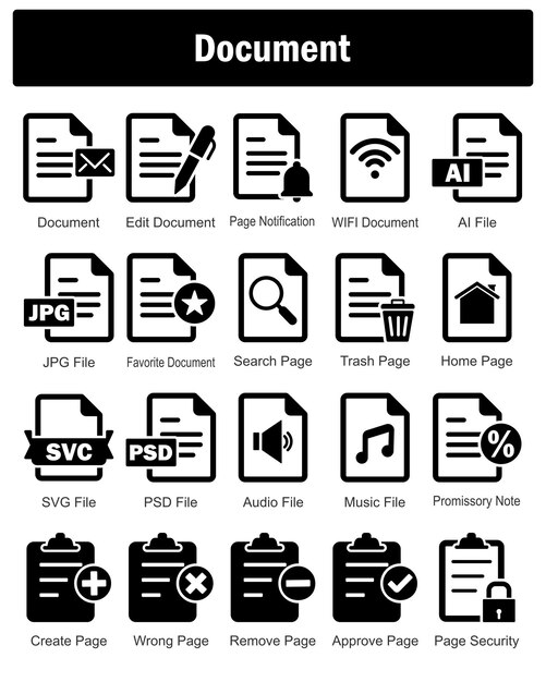 a set of 20 document icons as document edit document page notification