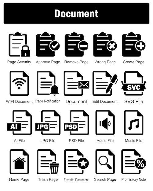 a set of 20 document icons as page security approve page remove page