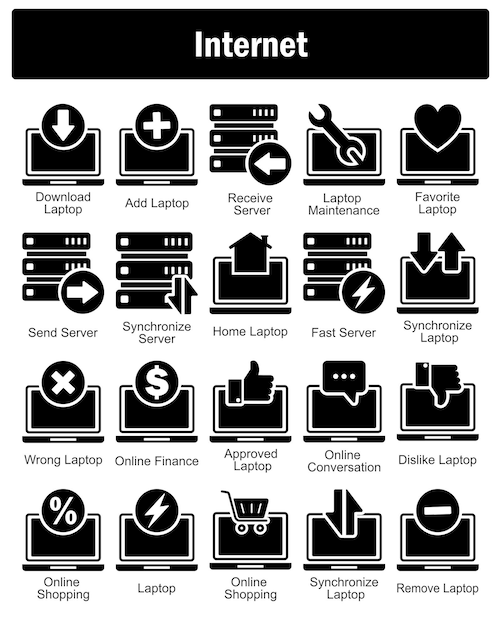 A set of 20 Internet icons as download laptop add laptop receive server