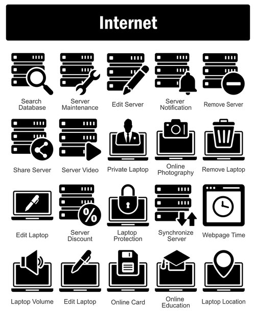A set of 20 Internet icons as search database server maintenance edit server