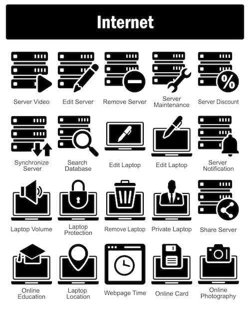 A set of 20 Internet icons as server video edit server remove server