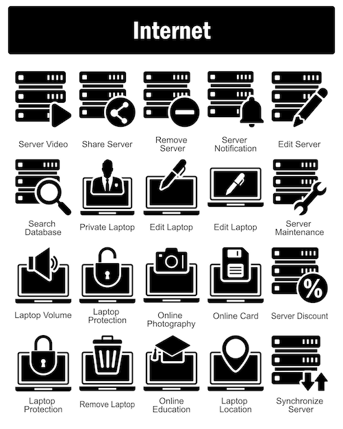 A set of 20 Internet icons as server video share server remove server