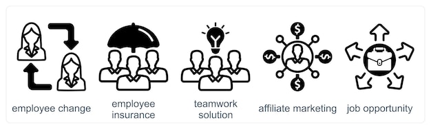 A set of 5 business icons as employee change employee insurance teamwork solution