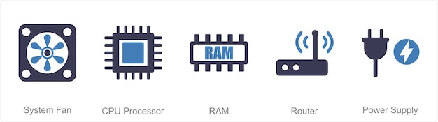 a set of 5 computer parts icons as system fan cpu processor ram