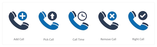 A set of 5 Contact icons as add call pick call call time remove call
