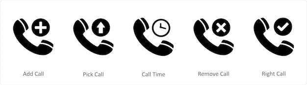 A set of 5 Contact icons as add call pick call call time remove call