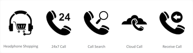 A set of 5 Contact icons as headphone shopping 24x7 call call search