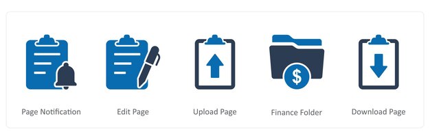 A set of 5 Document icons as page notification edit page upload page