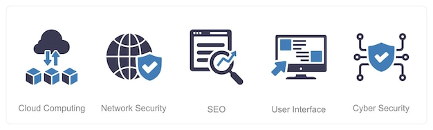 A set of 5 Hard Skills icons as cloud computing network security seo
