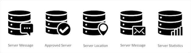 a set of 5 internet black icons as server message approved server server location