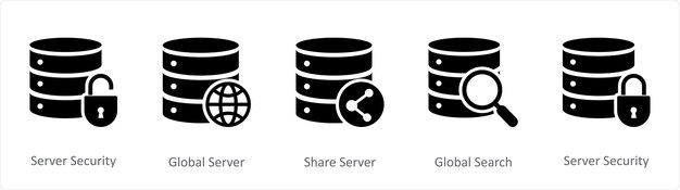 a set of 5 internet icons as server security global server share server