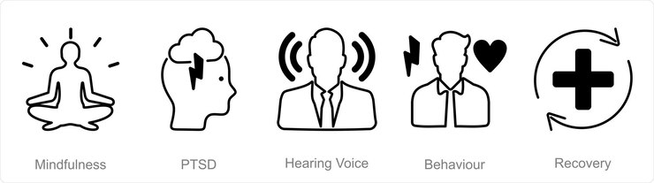 A set of 5 Mental Health icons as mindfulness ptsd hearing voice