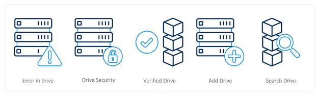 A set of 5 mix icons as error in drive drive security verified drive