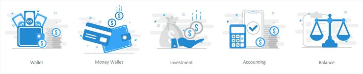 A set of 5 mix icons as wallet money wallet investment
