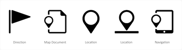 A set of 5 Navigation icons such as Direction Map Document