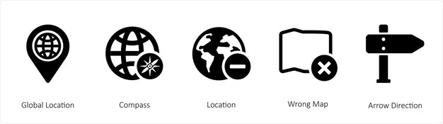 a set of 5 navigation icons such as global location compass