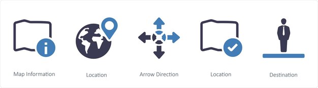 a set of 5 navigation icons such as location guide compass