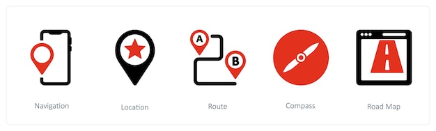 A set of 5 Navigation icons such as Navigation Location Route